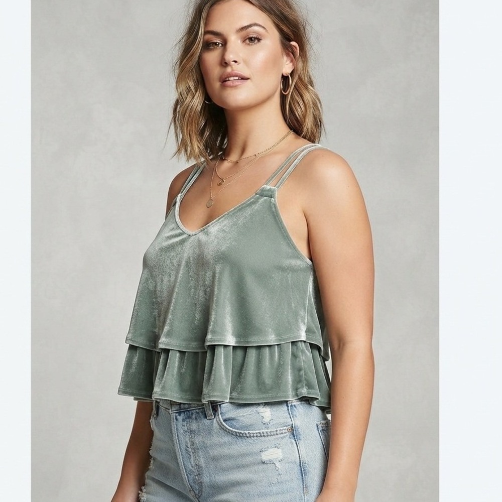 Velvet Layered Crop Top Womens L Sage Green Strappy Y2K Fairy Coquette Festival